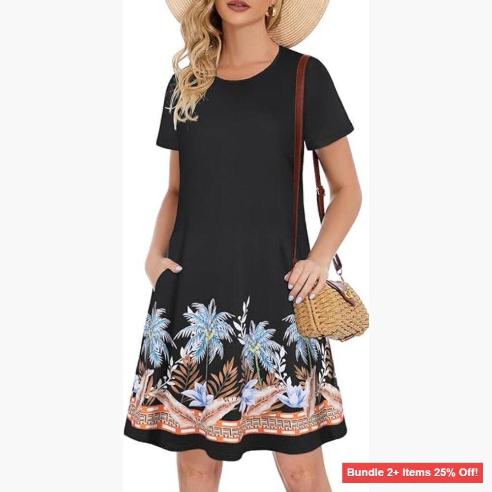 Floral Loose Fit A-Line Dress with Pockets, Short Sleeve Summer Casual